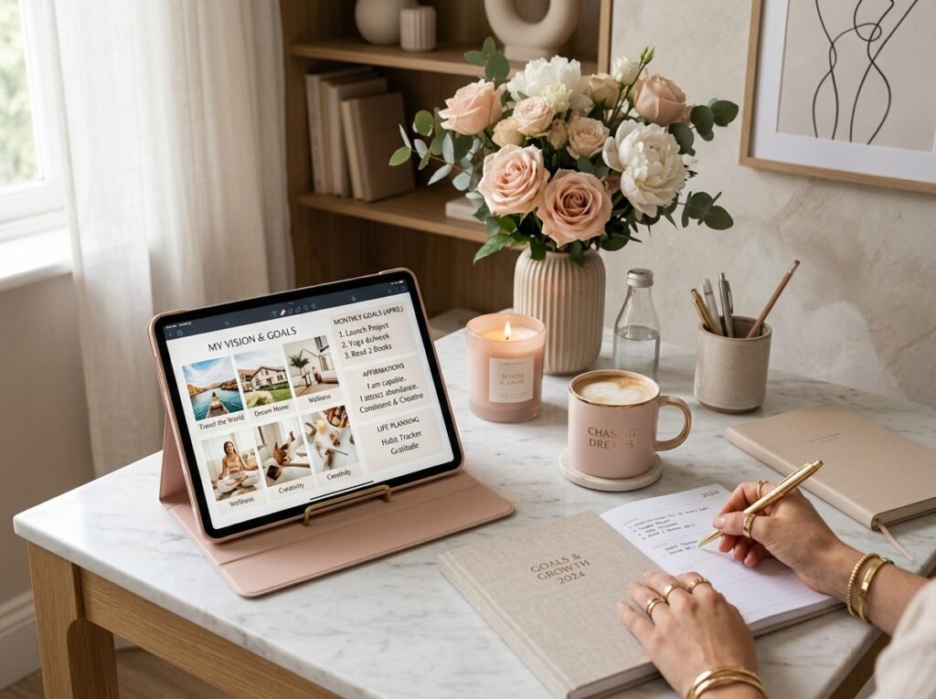 Digital vision board and monthly goal planning for a personal glow-up journey by artisan anthology llc.