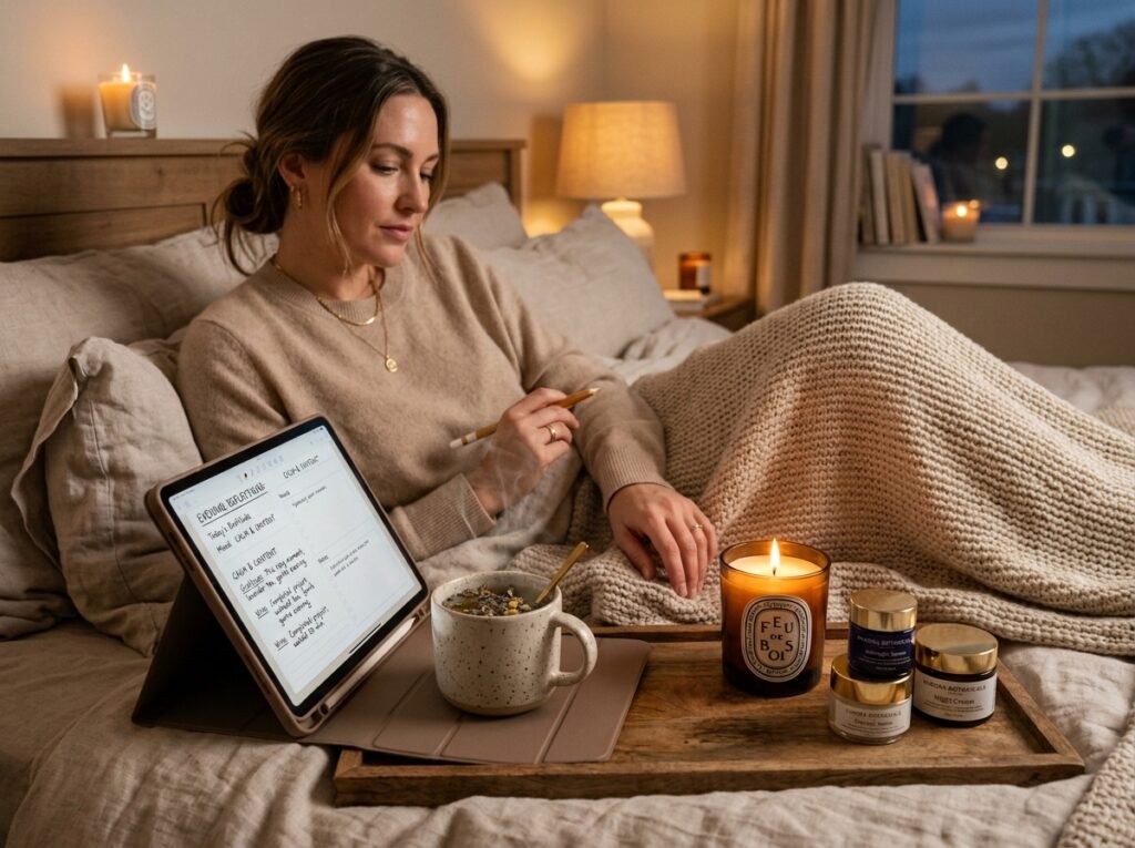 Evening self-care routine featuring gratitude journaling and digital planning by artisan anthology llc.
