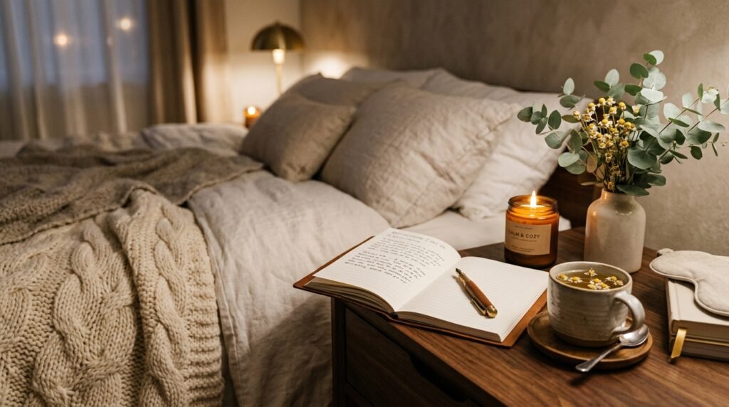 Gratitude journaling setup for a relaxing nighttime routine by artisan anthology llc.