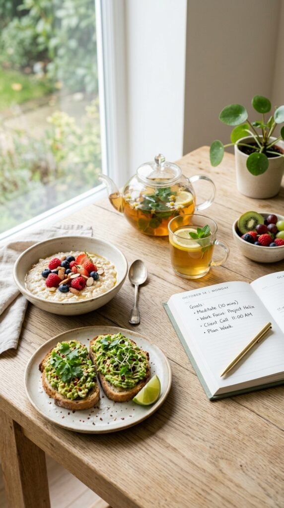 Healthy breakfast paired with a planner for a productive morning routine by artisan anthology llc.