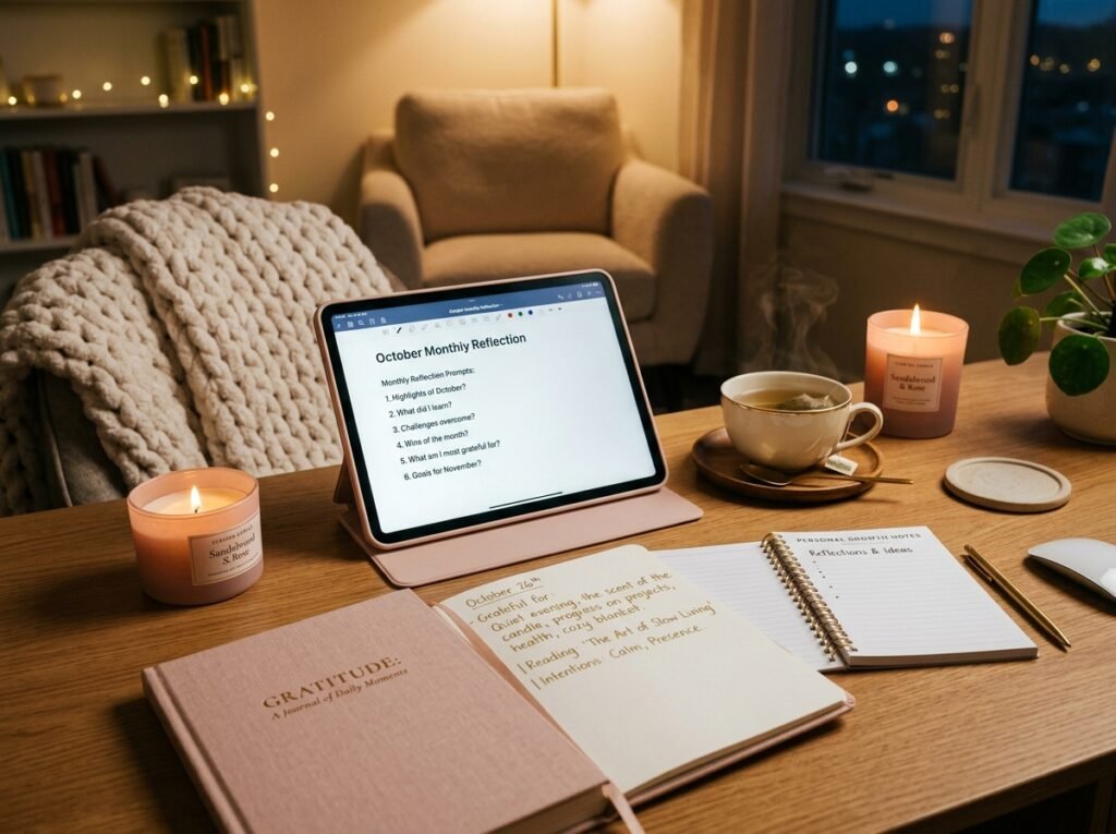 Monthly reflection and gratitude journaling using a digital planner by artisan anthology llc.