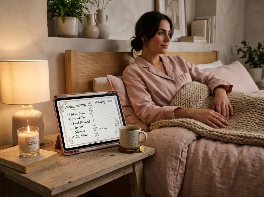 Peaceful nighttime workspace featuring a digital evening routine planner, herbal tea, and calming bedroom décor by artisan anthology llc.
