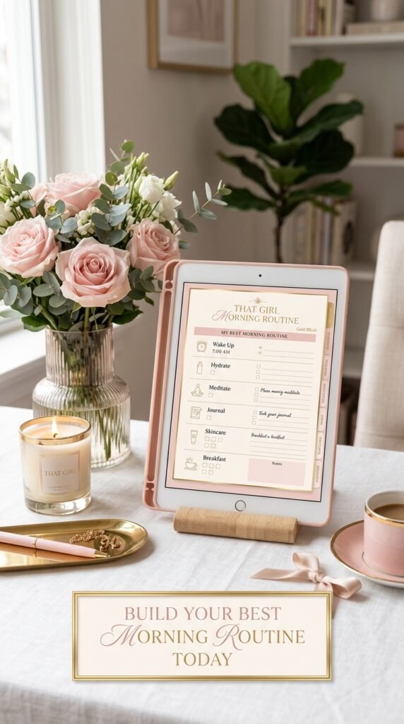 Premium That Girl digital planner designed to help users build a productive and sustainable morning routine by artisan anthology llc.