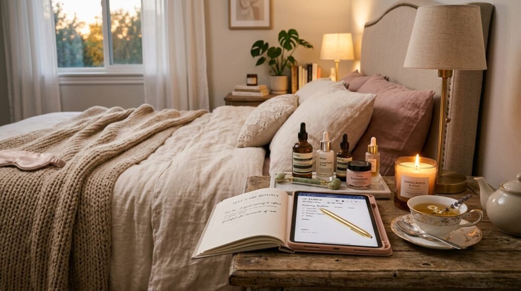 Sunday self-care routine with skincare, journaling, and relaxation essentials by artisan anthology llc.
