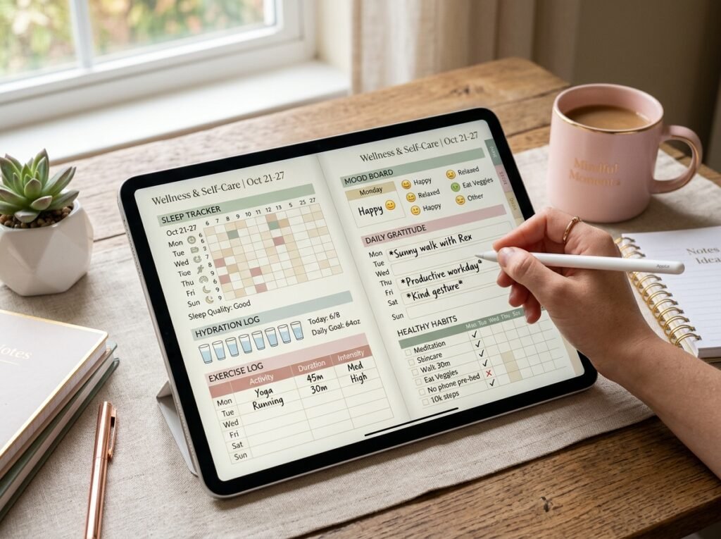 Wellness and habit tracker pages inside a premium digital planner by artisan anthology llc.