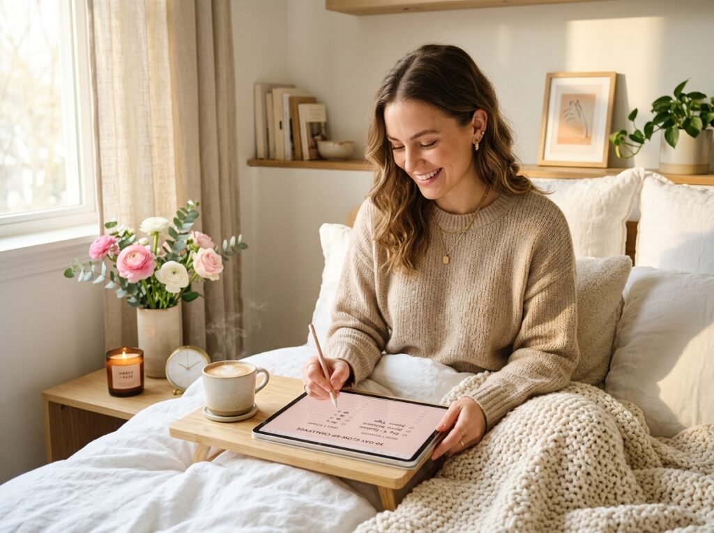 Woman beginning a 30-Day That Girl Glow-Up Challenge using a digital planner in a bright, cozy room by artisan anthology llc.
