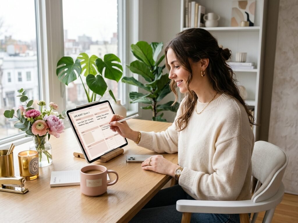 Woman completing a monthly life audit using a digital That Girl planner in a bright, minimalist workspace by artisan anthology llc.