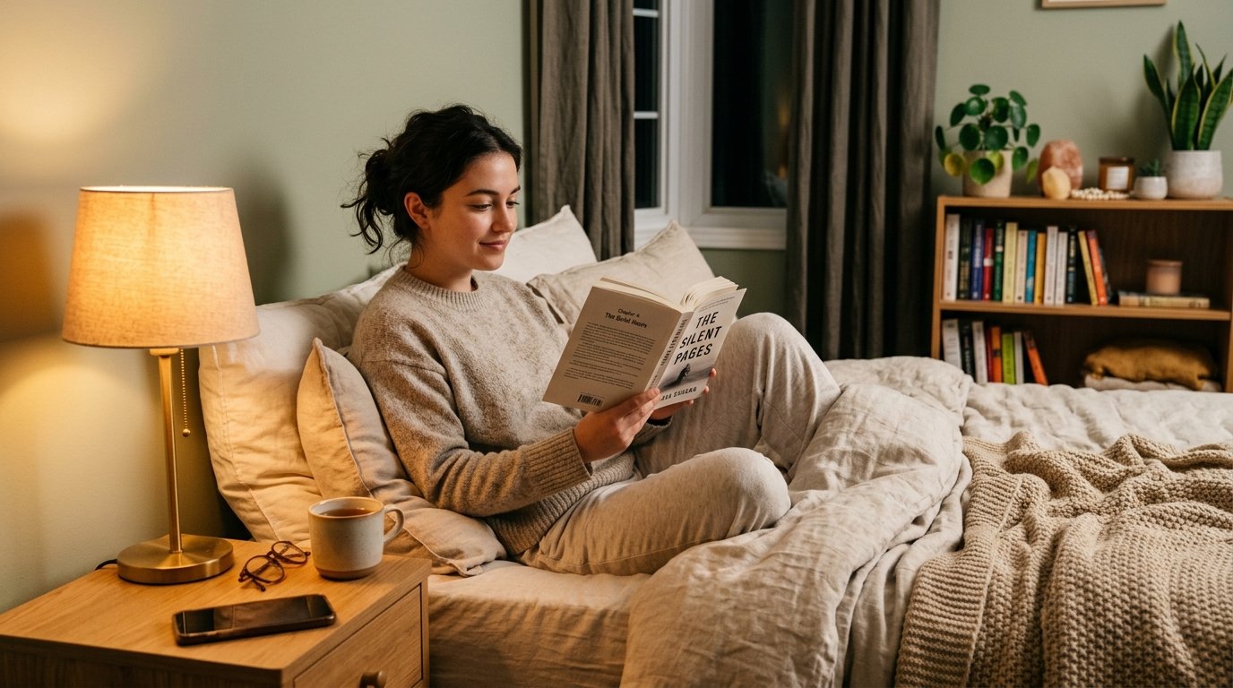 Woman enjoying a screen-free bedtime routine by reading before sleep by artisan anthology llc.