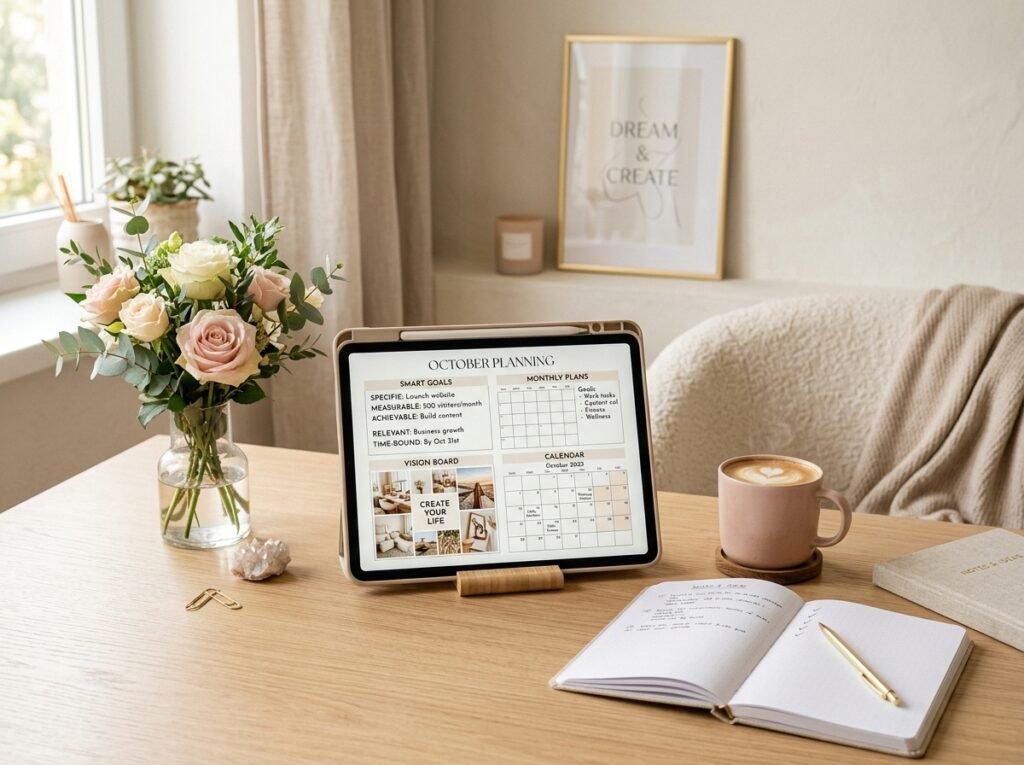 Woman using a digital planner to set monthly goals during a life audit by artisan anthology llc.
