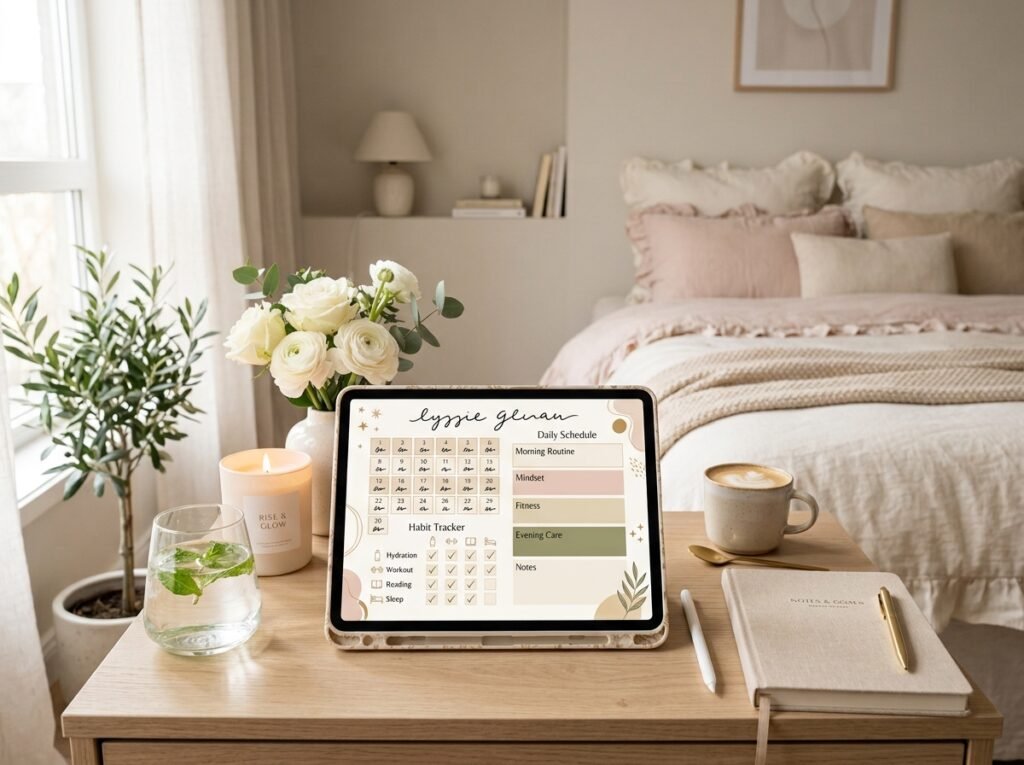 30-Day That Girl Glow-Up Challenge displayed with an aesthetic digital planner and self-care essentials by artisan anthology llc.