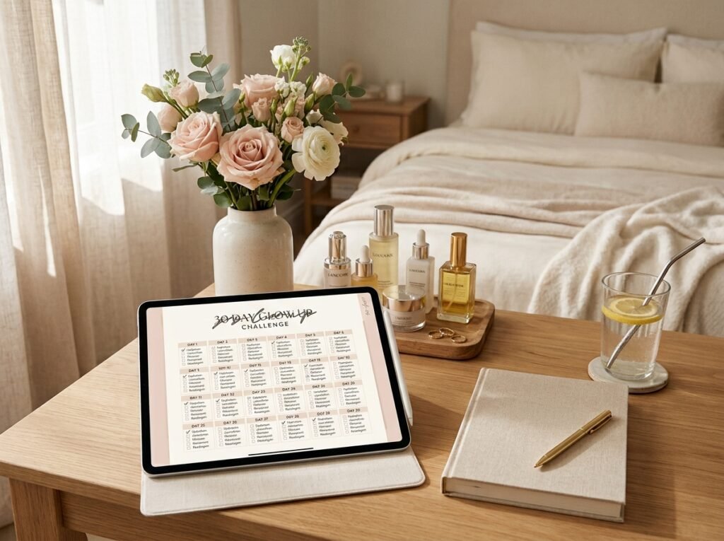 30-day That Girl glow-up challenge with an aesthetic digital planner and self-care essentials by artisan anthology llc.