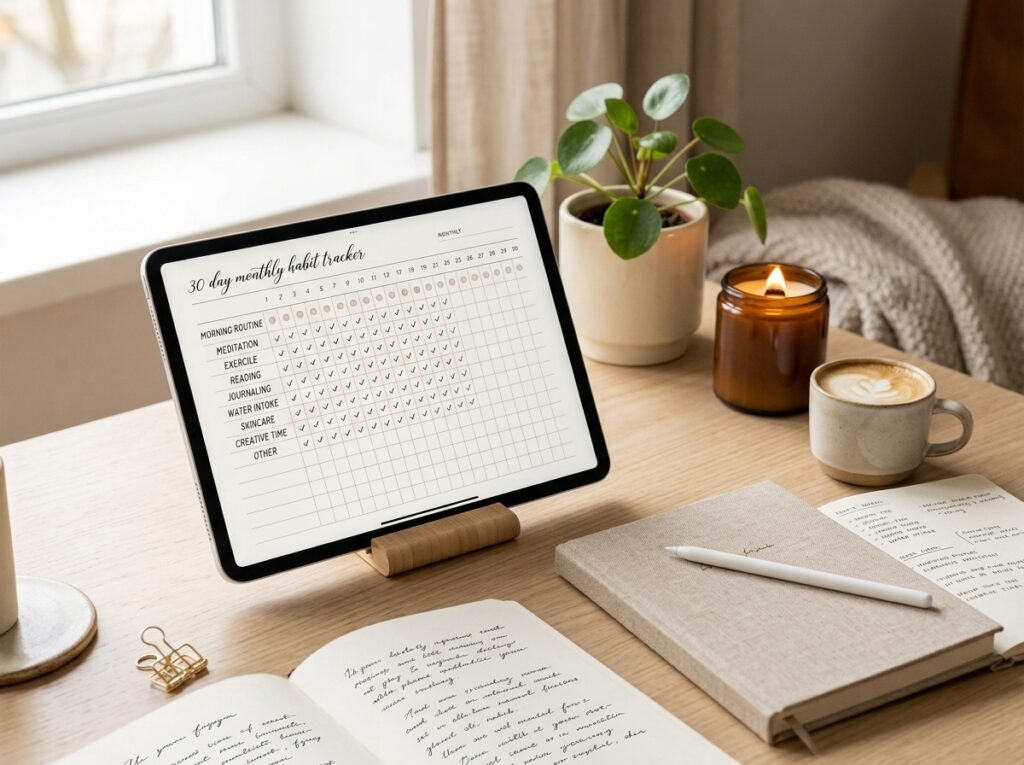 Aesthetic 30-day digital habit tracker for a That Girl glow-up challenge by artisan anthology llc.