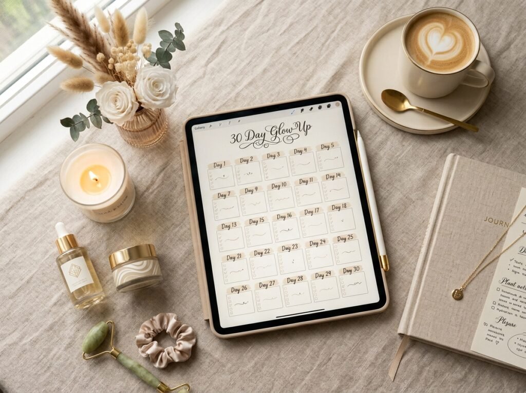Aesthetic 30-day glow-up challenge checklist displayed on a digital planner by artisan anthology llc.
