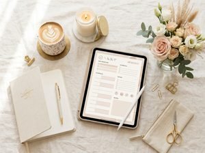 Aesthetic daily planning setup with an iPad digital planner by artisan anthollogy llc.