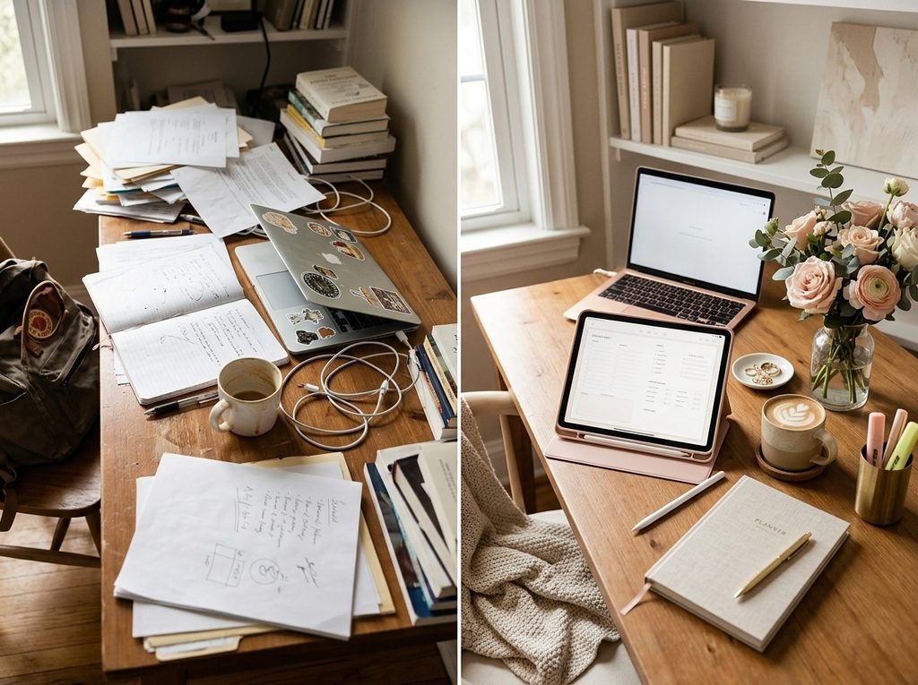 Before and after daily routine reset showing an organized That Girl workspace by artisan anthology llc.