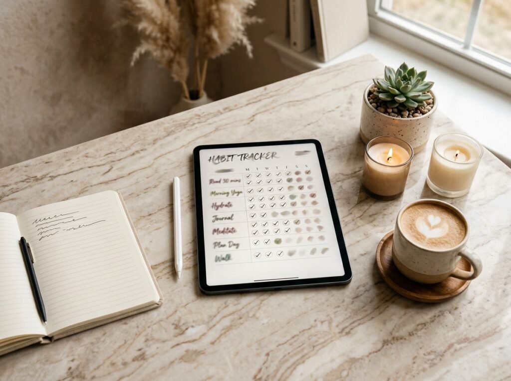 Digital habit tracker for a 30-day That Girl self-improvement challenge by artisan anthology llc.