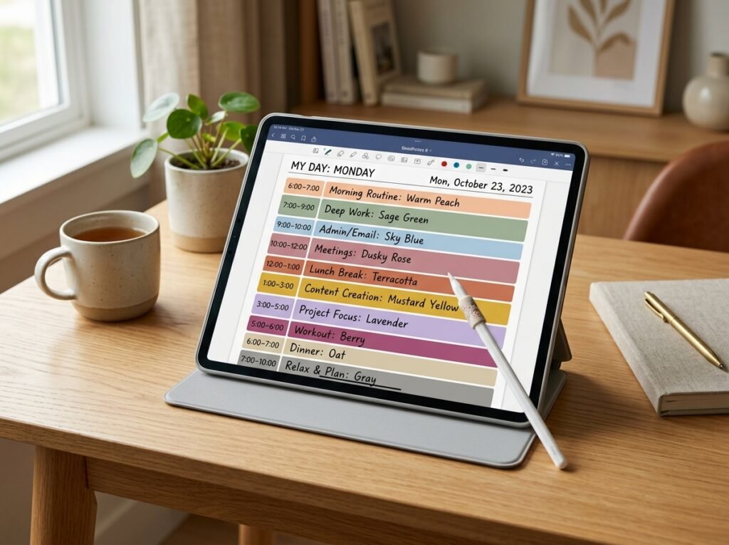 Digital planner showing a time-blocked daily schedule for better productivity by artisan anthology llc.
