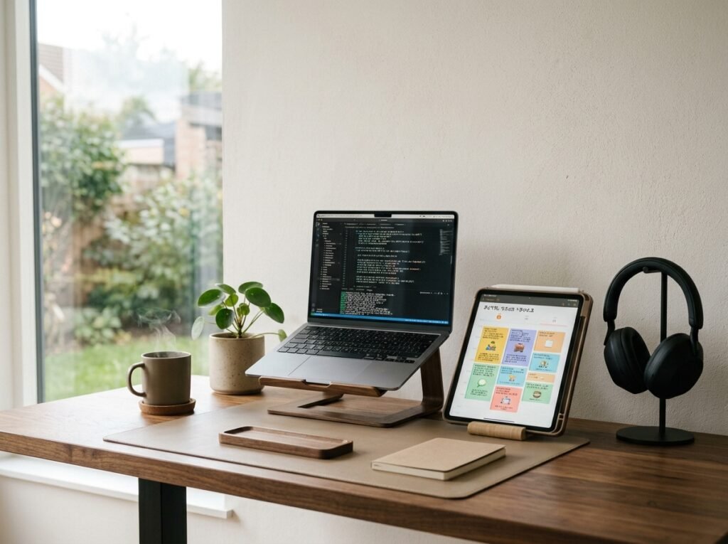 Focused deep-work desk setup with iPad time blocking and productivity tools by artisan anthology llc.