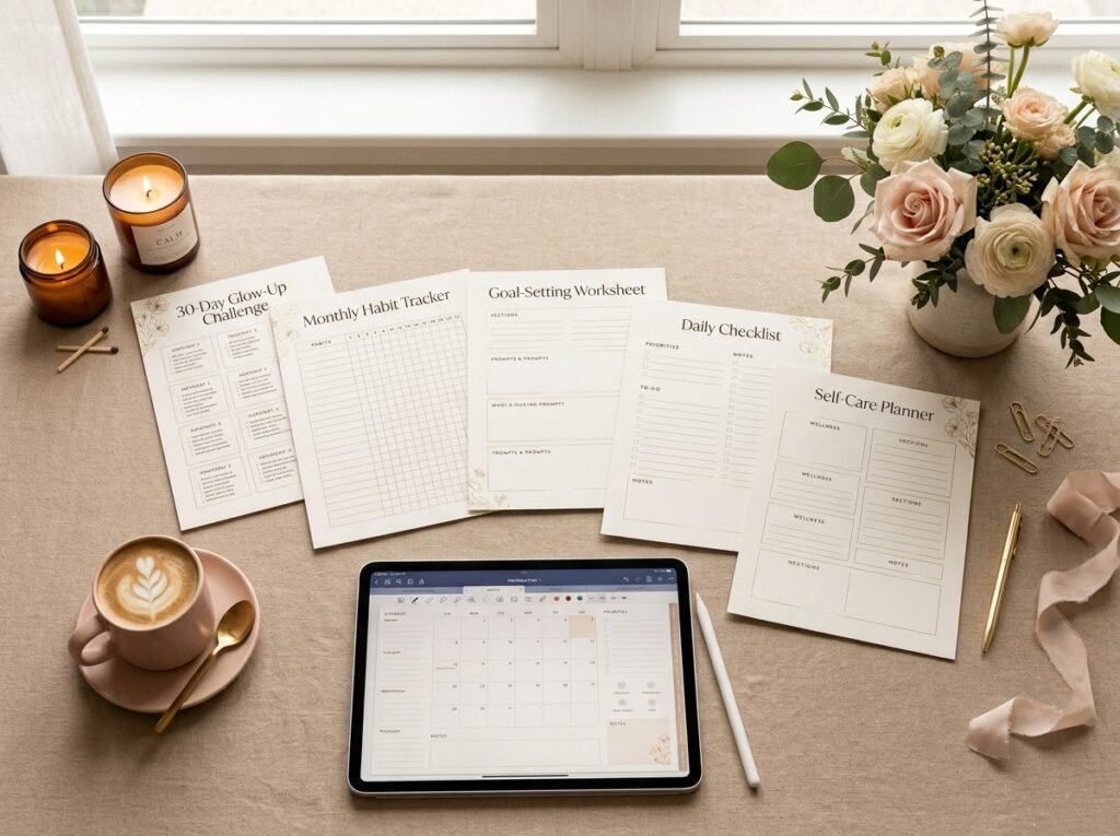 Free printable 30-day glow-up challenge worksheets with habit tracker and goal planner by artisan anthology llc.