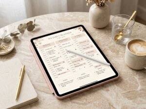 Hourly time-blocking digital planner page displayed on an iPad by artisan anthology llc.