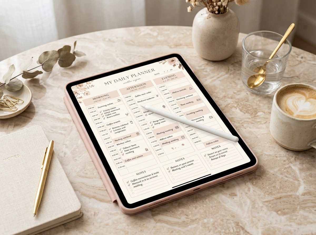 Hourly time-blocking digital planner page displayed on an iPad by artisan anthology llc.