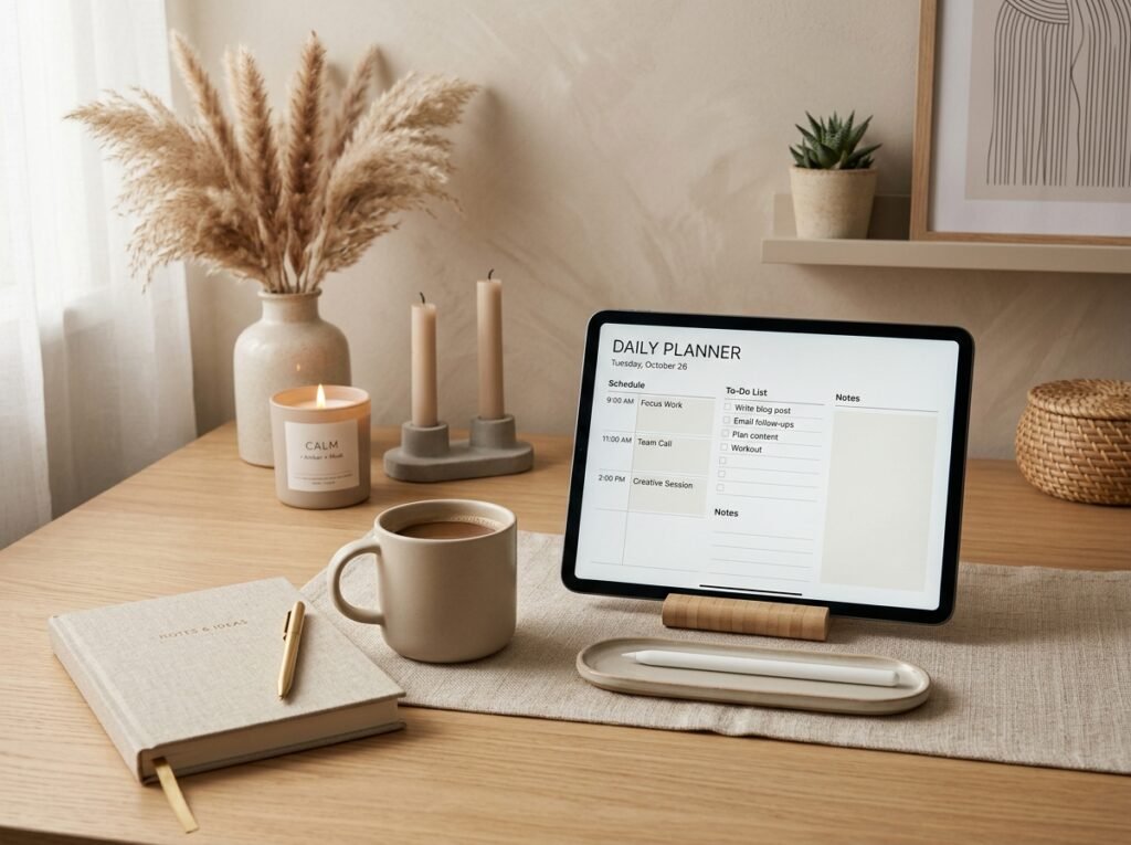 Minimal aesthetic workspace with a digital daily planner and productivity essentials by artisan anthology llc.