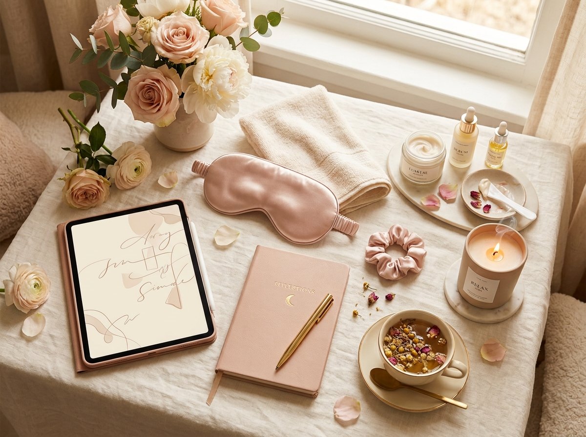 Self-care essentials for a 30-day That Girl glow-up routine by artisan anthology llc.