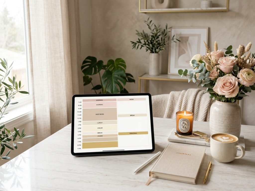 That Girl digital planner on iPad displaying an aesthetic time-blocked daily schedule by artisan anthology llc.
