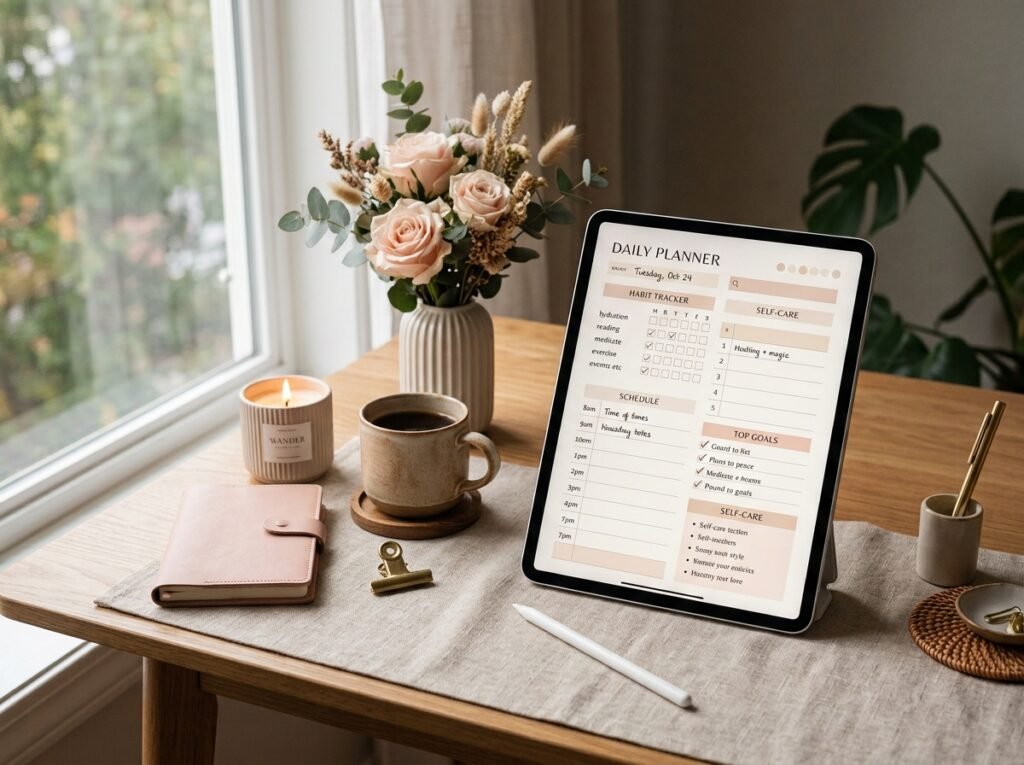 That Girl digital planner setup with daily schedule, habit tracker and goal planning pages by artisan anthology llc.