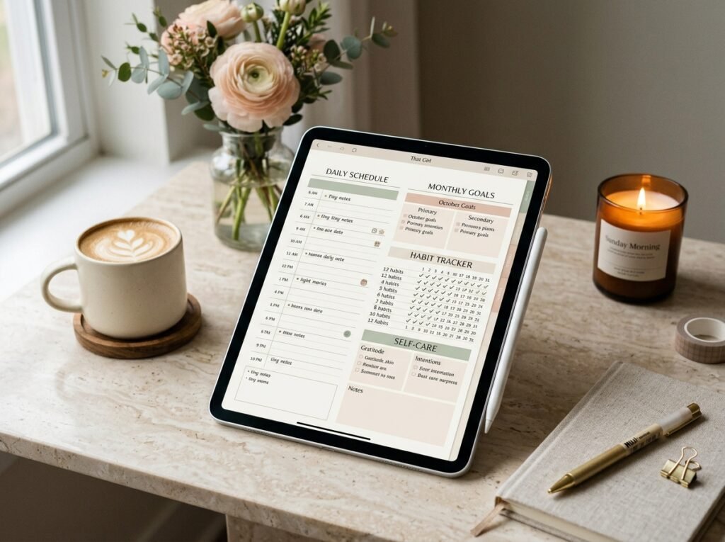That Girl digital planner setup with daily schedule, habit tracker and self-care pages by artisan anthology llc.