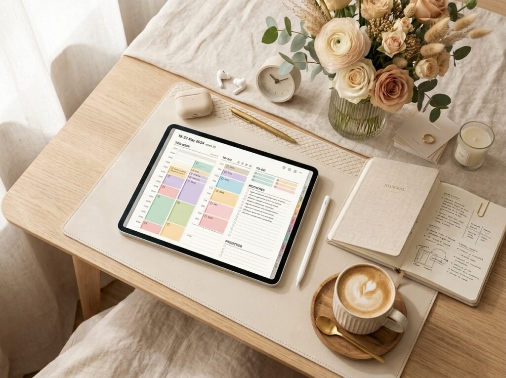 Weekly time-blocking schedule displayed in an aesthetic digital planner by artisan anthology llc.
