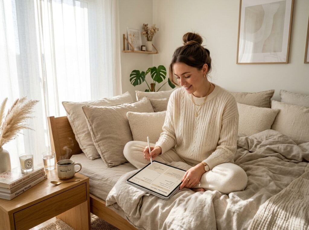 Woman using a That Girl digital planner on an iPad to create a daily routine schedule by artisan anthology llc.