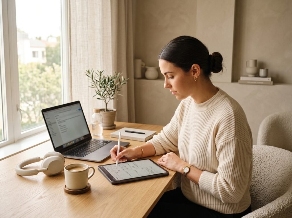 Woman working in a focused flow state with an iPad digital planner and organized workspace by artisan anthology llc.