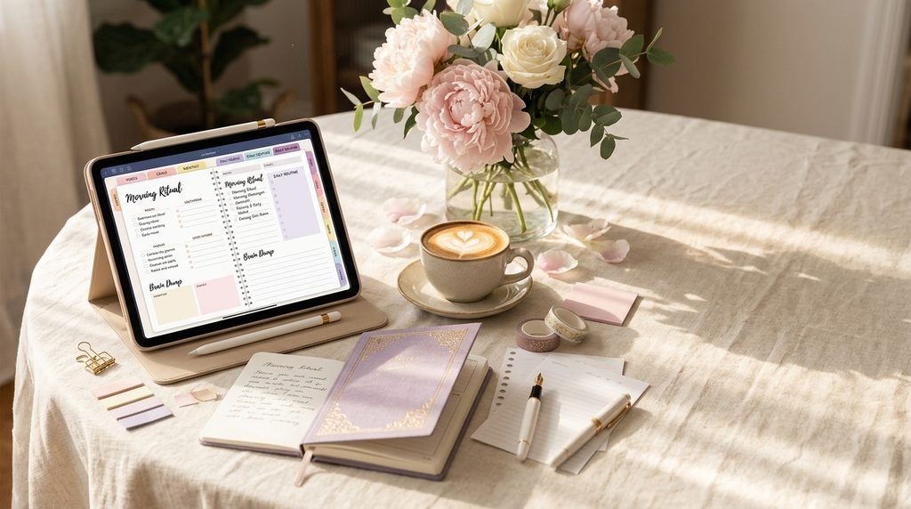 Aesthetic digital planner workspace for planning goals, routines, and a dream life by artisan anthology llc.