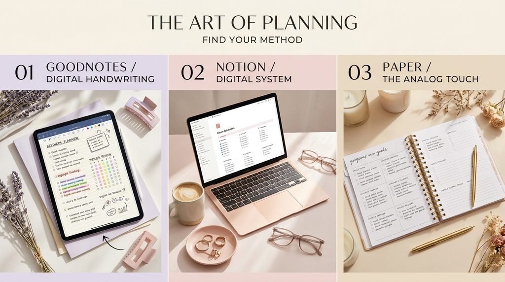Comparison of GoodNotes, Notion, and paper planners for the That Girl lifestyle by artisan anthology llc.