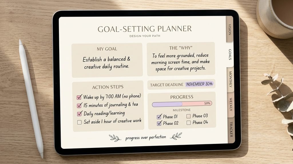Digital goal-setting planner page with action steps, deadlines, and progress tracking.