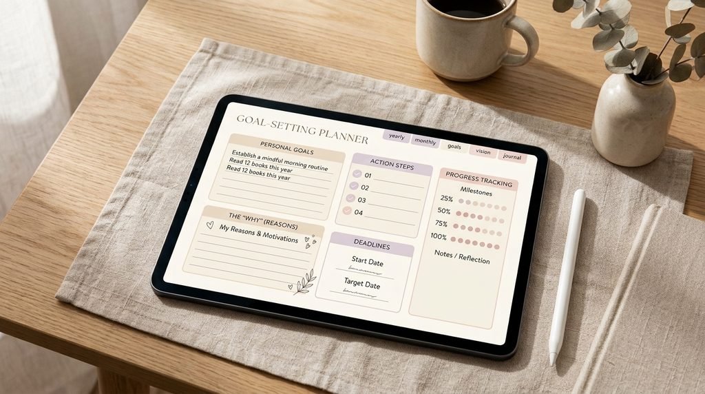 Minimalist digital habit tracker with daily checkboxes for reading, exercise, journaling, and routines.
