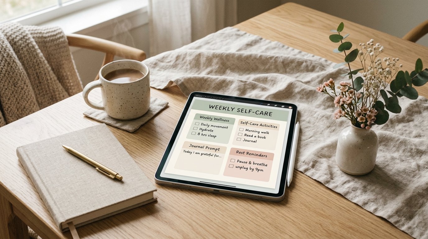 Minimalist digital planner on an iPad featuring essential planning pages for an organized lifestyle.