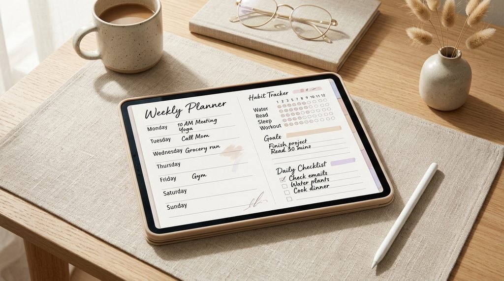 Daily digital planner page with top priorities, time blocks, and a task checklist.