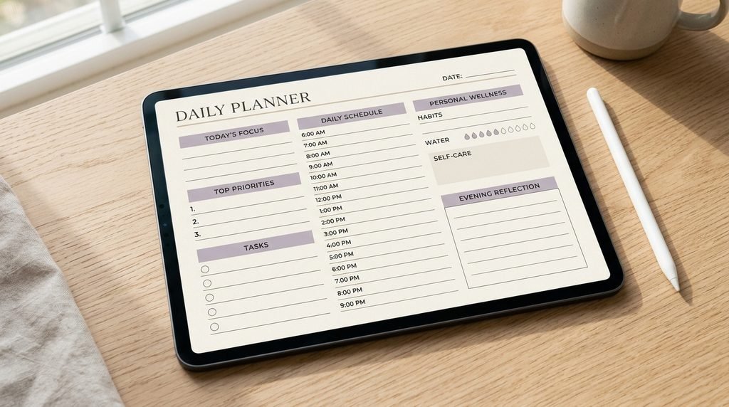 Minimalist daily digital planner displaying top priorities, time blocks, tasks, and personal reflection by artsian anthology llc.