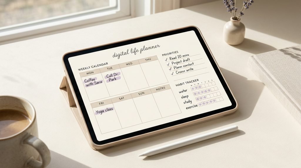 Minimalist digital life planner on iPad with a weekly schedule and habit tracker by artisan anthology llc.