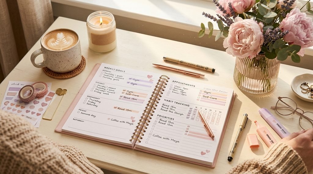 Open paper planner with handwritten weekly goals and habits in a feminine That Girl aesthetic by artisan anthology llc.