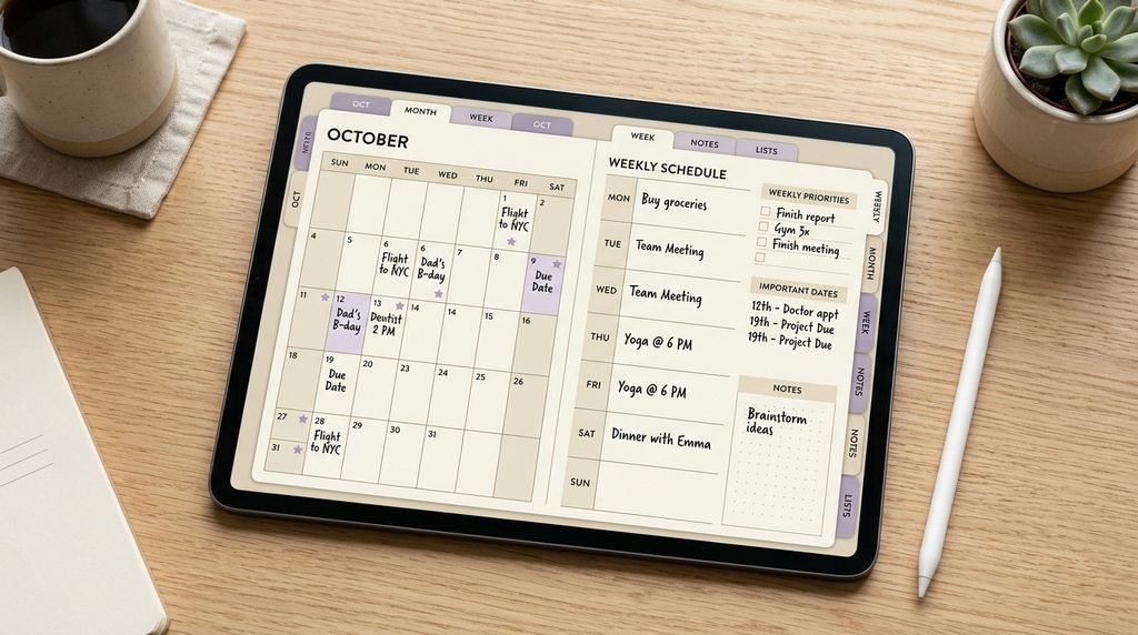 Weekly and monthly digital planner layouts for organizing appointments, deadlines, and priorities.