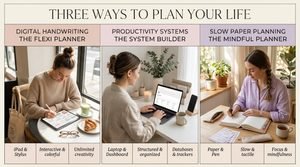 Women using GoodNotes, Notion, and paper planners to organize their goals and routines by artisan anthology llc.