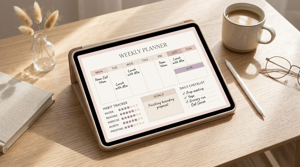 Minimalist digital planner on an iPad featuring essential planning pages for an organized lifestyle.